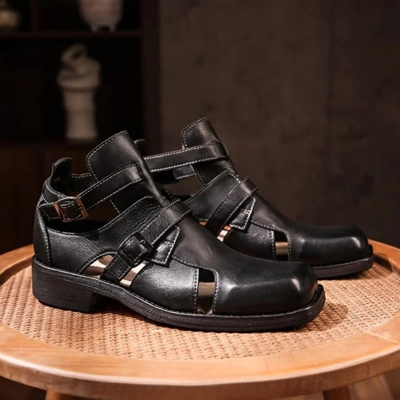 

Luxury Gladiator Shoes Outdoor Premium Square Toe Hiking Sandals Handmade Men High-top Sandals Genuine Leather Retro Hollow