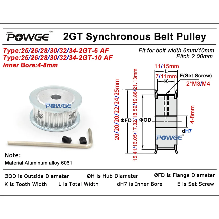 POWGE 25 26 28 30 32 34 teeth 2MGT 2GT Timing Pulley AF Bore 4/5/6/6.35/7/8mm for GT2 belt width 6/10mm 25T 26T 28T 30T 32T 34T