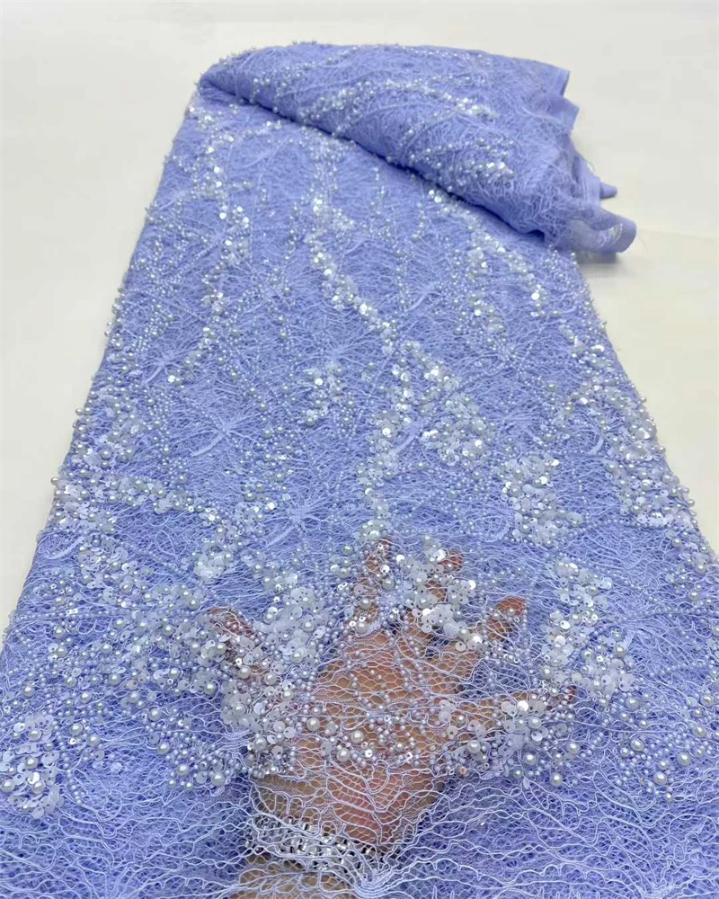 High Quality African Gold Handmade Beaded Lace Fabirc 2025 Sewing sequins Embroidery Nigreian Lace Fabric Women Wedding Dress