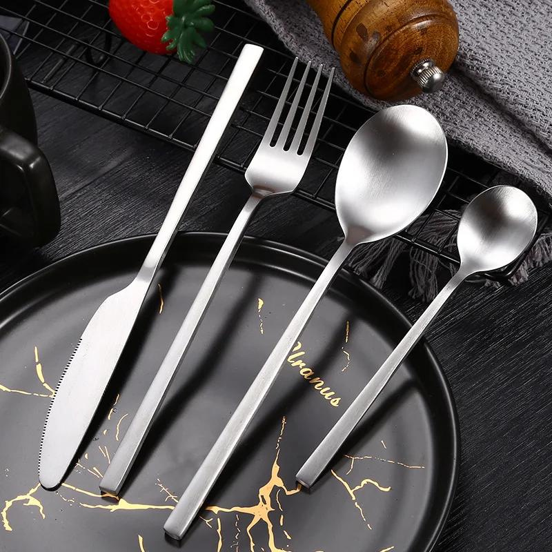 Thickened Stainless Steel Square Handle Cutlery Matte Tableware  Table Knife Salad Fork Dessert Spoon Silverware for Kitchen