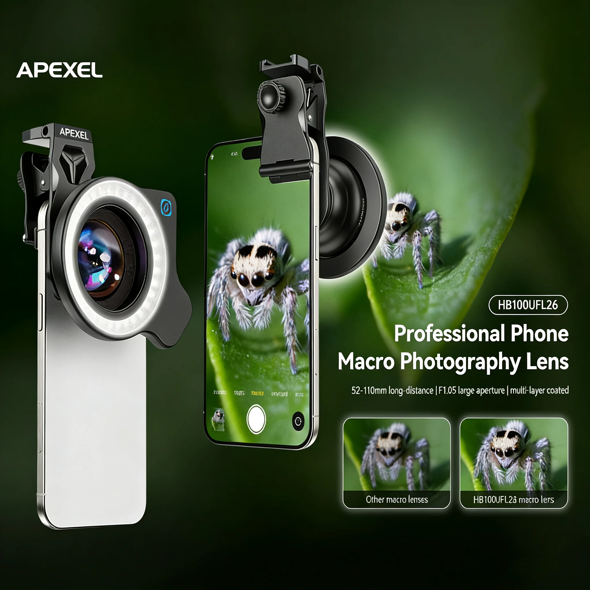 Lente Macro para Teléfono APEXEL de 100 mm Ultra con Kit de Luz LED, Lentes para Cámara de Teléfono para iPhone y Android, Compatible con Fotografía Macro de Ojos