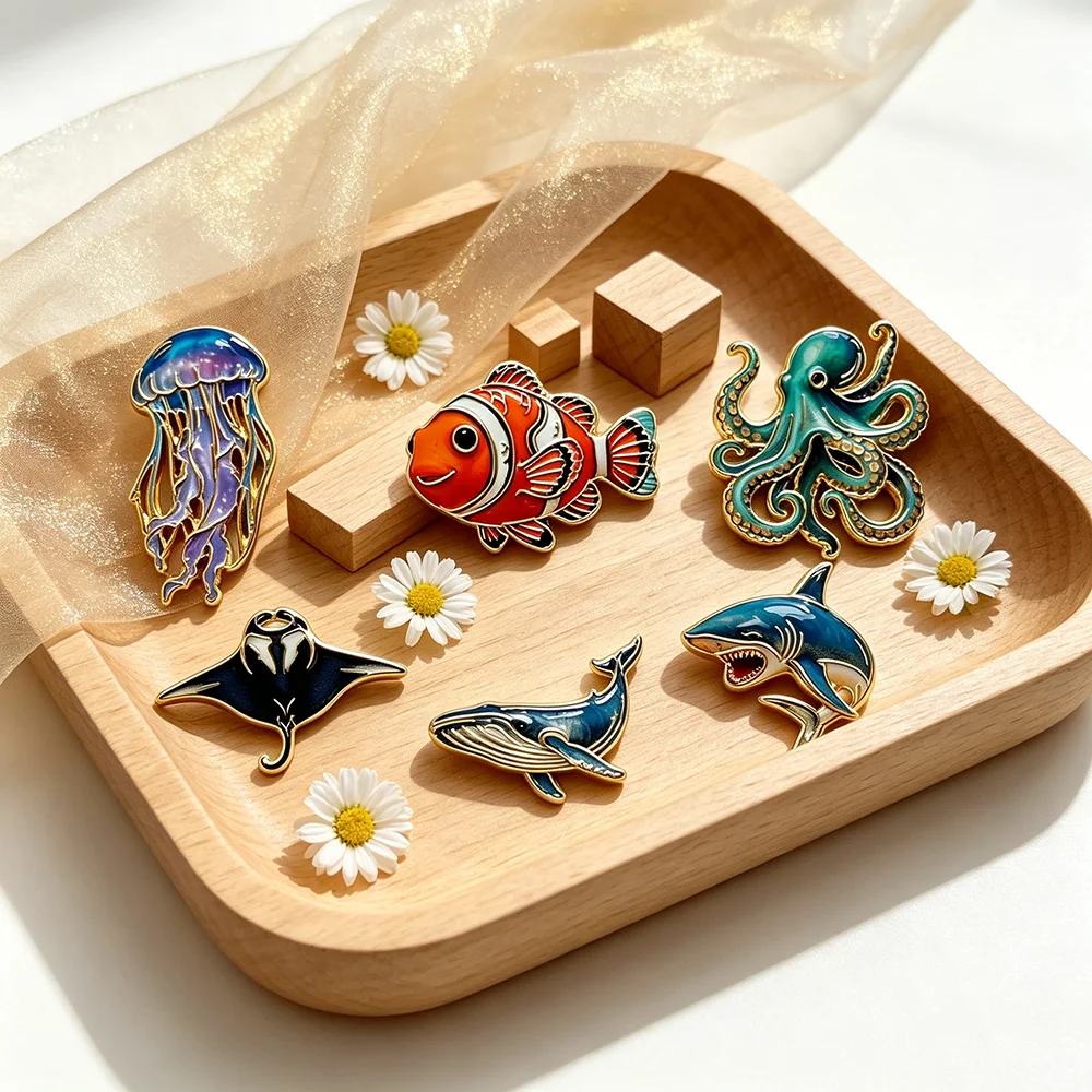 6pcs Cute Sea Animal Enamel Lapel Pins, Ocean Wildlife Brooch Set  Decorative Metal Pin Badges for Backpack Bags Garments