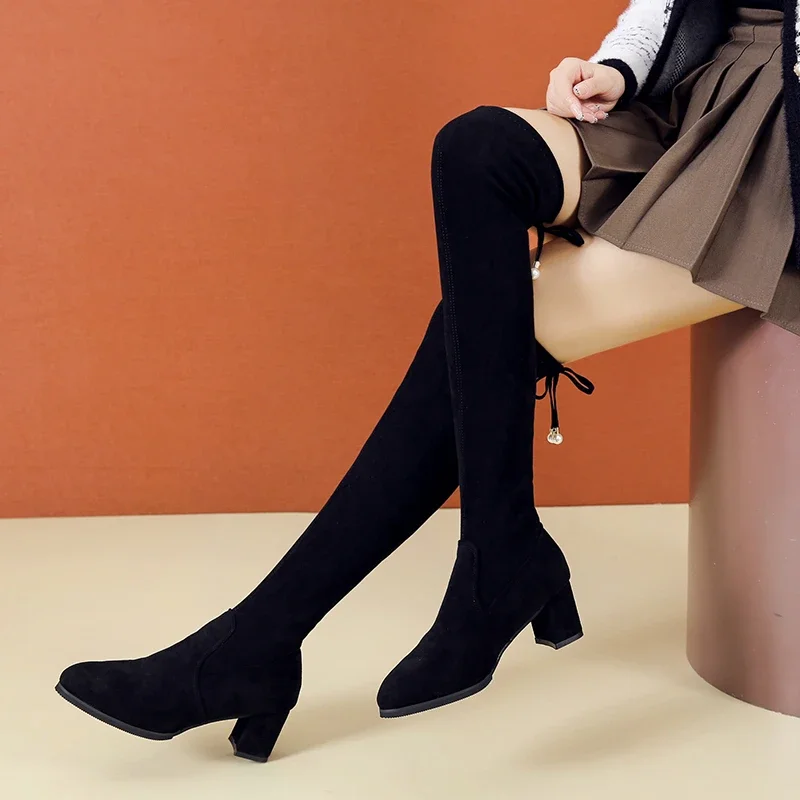 Footwear Above Over The Knee Ladies Boots Thigh High Tassel Shoes for Women Elegant with Low Heels Elastic Cosplay on Promotion