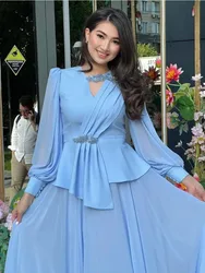 Elegant Blue O-Neck Prom Dresses For Women Pleated Beadings Floor Length Chiffon With Ruffle Party Evening Dresses