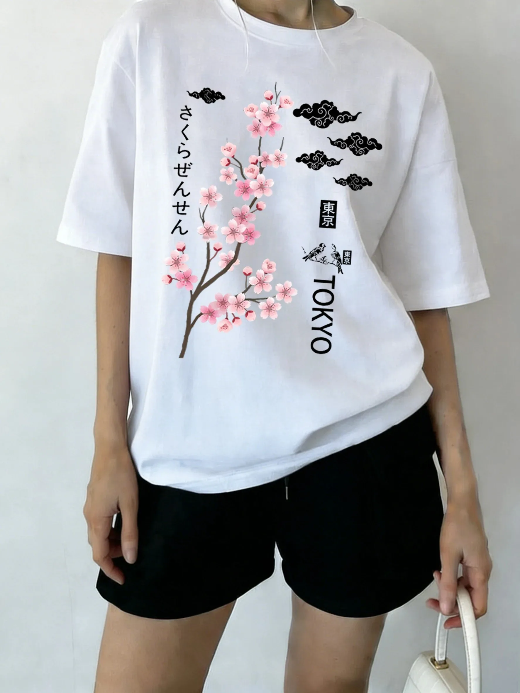 Tokyo Sakura Cherry Blossom Graphic T-Shirt Japanese Aesthetic Streetwear Summer Short Sleeve Harajuku Style Women Men Tee Top