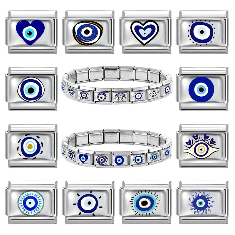 New Oil Dripping Blue Eye Italian Charm Links Fit 9mm Stainless Steel Women Men Bracelet DIY Making Jewelry Gifts