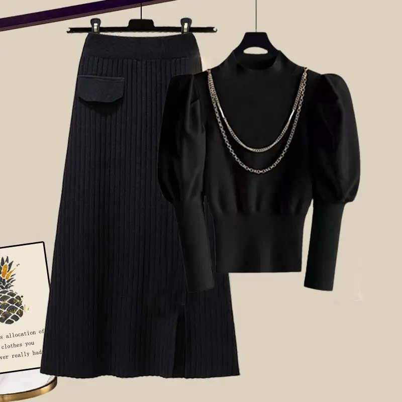 Oversized Women's Autumn and Winter Set 2023 New Korean Fashion Shirt Waistband Slim Knitted Half Skirt Two Piece Set