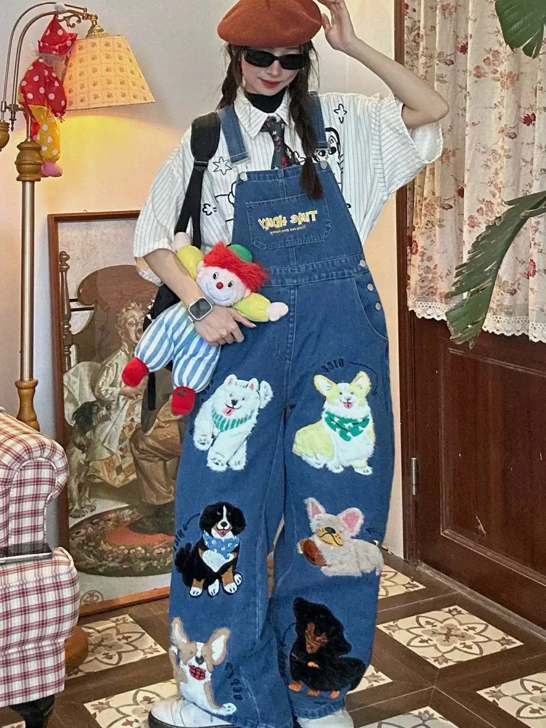 

Повседневные джинсовые комбинезоны с вышивкой, женские свободные прямые брюки, широкий комбинезон с высокой талией, синее полиэфирное волокно