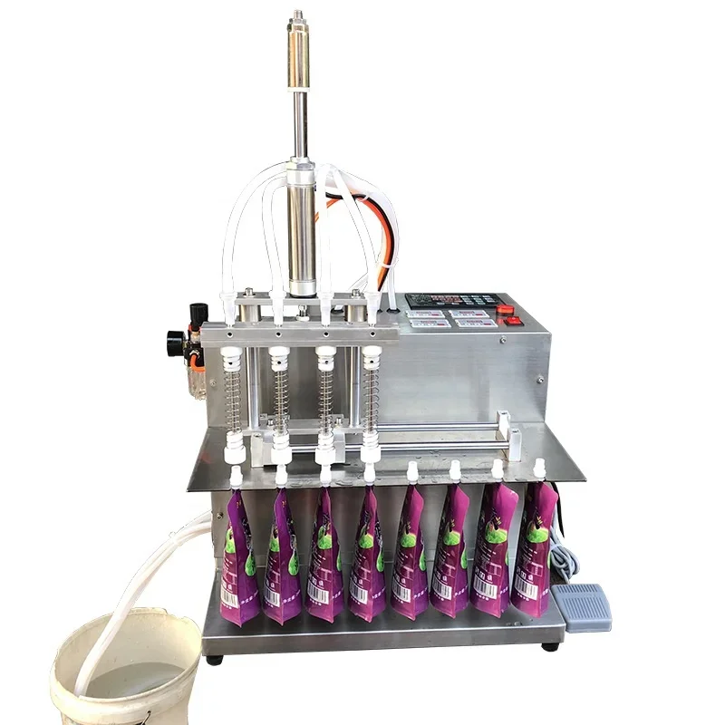 4-Head Semi-Automatic Spout Pouch Filling Equipment, Diaphragm Pump Type for Soymilk Juice Milk Liquor Essential Oil