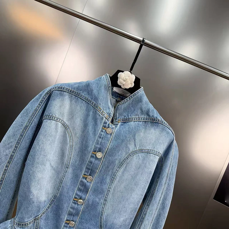 سترة قصيرة من قماش الدنيم بتصميم بحاشية غير رسمية من KBQ للنساء بياقة واقفة وأكمام طويلة وأزرار مقسمة جديدة للسيدات #6