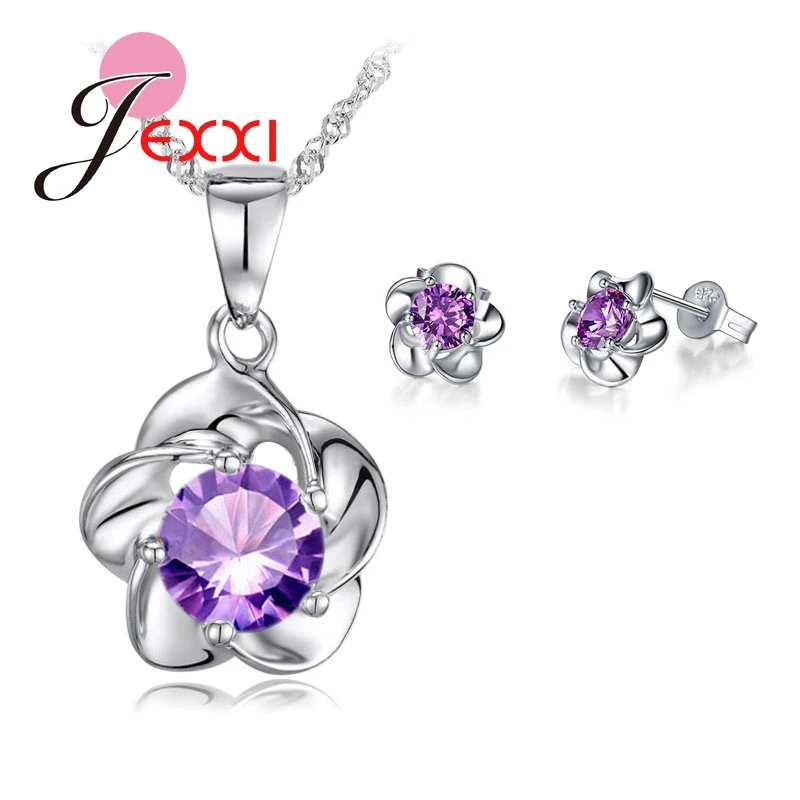 

Luxury Classic Genuine 925 Sterling Silver Rose Flower Necklace Purple Cubic Zirconia Stud Earrings Bride Wedding Jewelry Sets