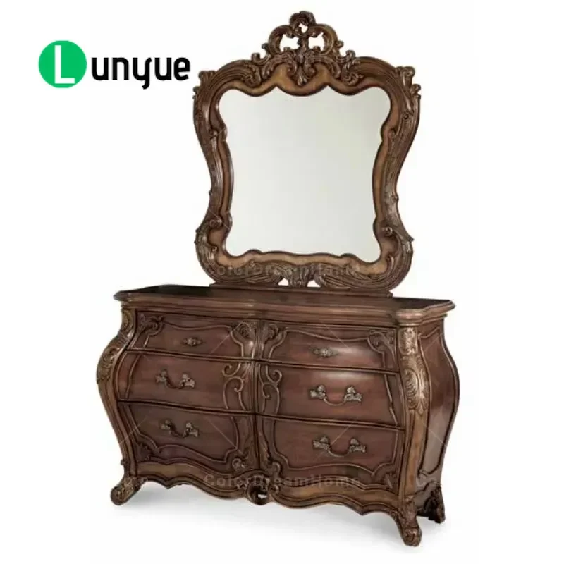 American Classic Style Handmade Solid Birch Carved Dresser with Tri Fold Mirror Traditional Bedroom Furniture Elegant Storage
