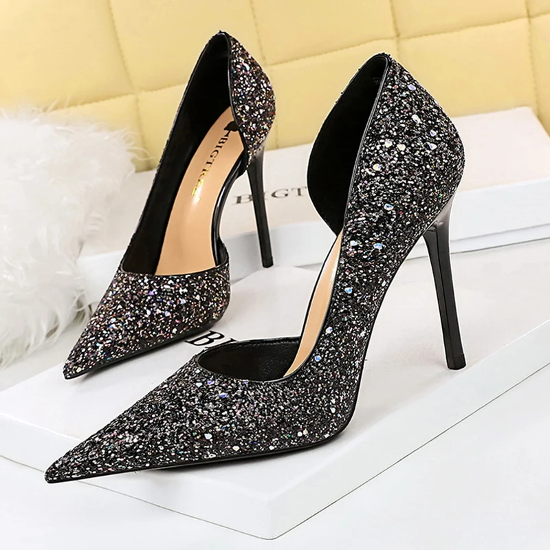 BIGTREE New Women Pumps Sequin Cloth High Heels Fashion Wedding Shoes Stilettos Sexy High-heeled Shoes Women Large Size 41 42 43