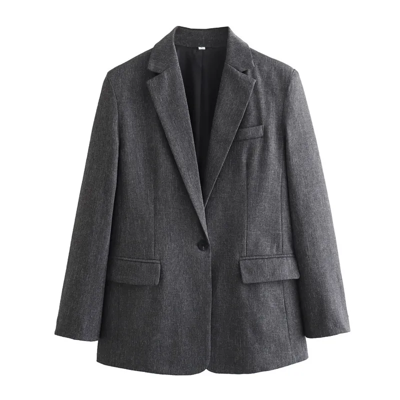 Korean Women Grey Suit Jacket Notched Collar Single Button Long Sleeve Spring Autumn Ladies Slim Blazers Coat Chaqueta Mujer