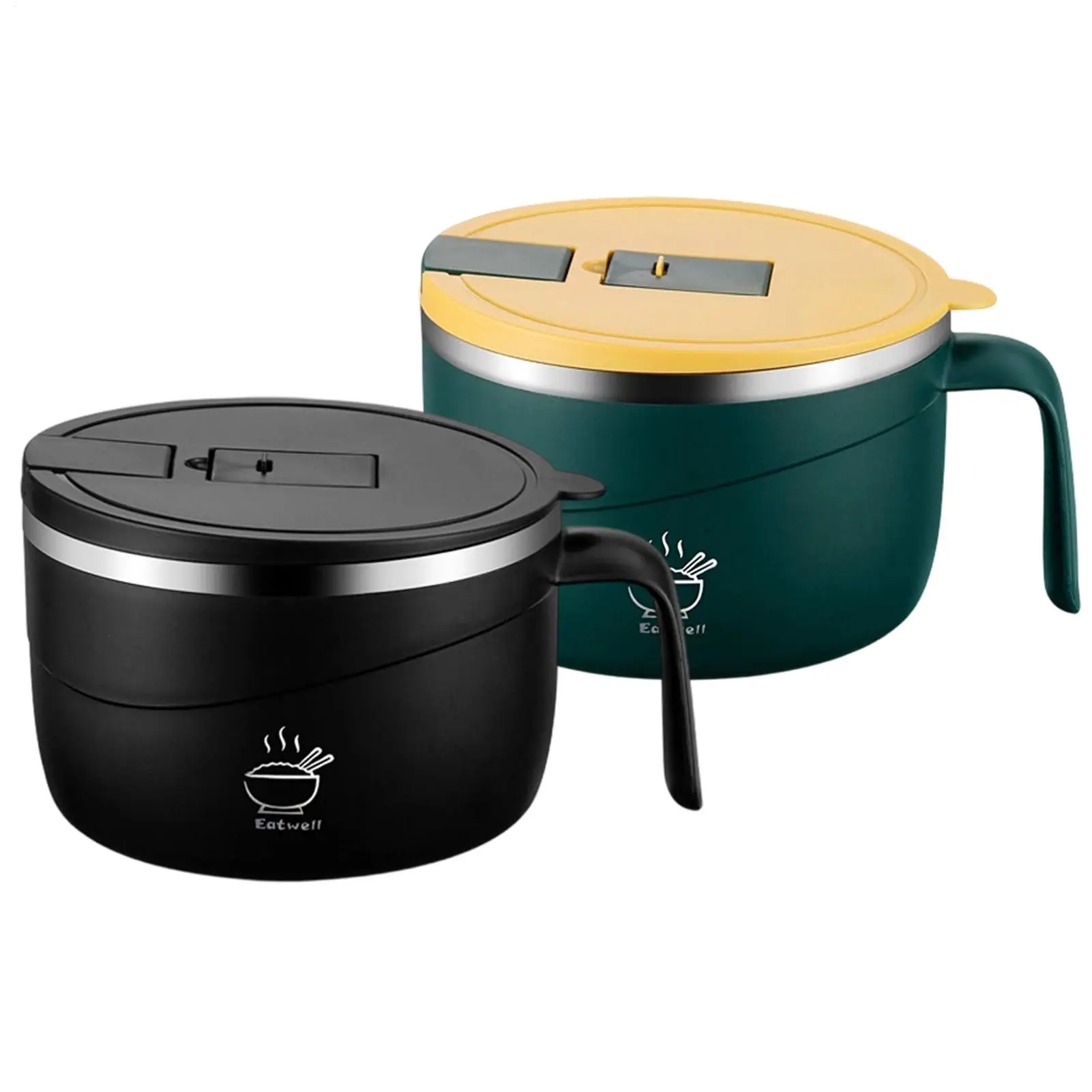 Instant Noodle Bowl with Draining Hole Anti-Scald Large Plate with Lid and Handle Stainless Steel Liner Pasta Bowl for Breakfast