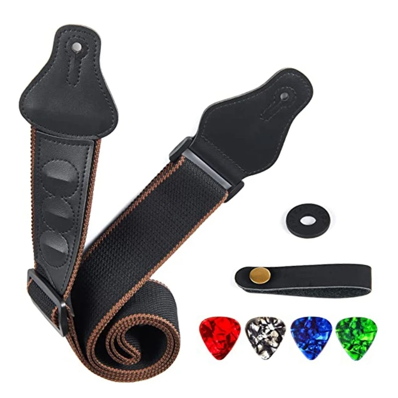 Acoustic Electric Guitar Straps with Pick Pocket Cotton Woven Shoulder Strap Leather Ends Guitar Straps for Guitarists image 5