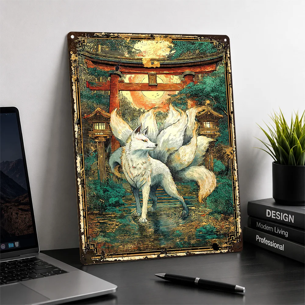 Nine Tailed Fox Beneath Torii Printed Poster Relief Effect Wall Art For Study Personalized Aluminum Metal Sign Nature Lover Gift