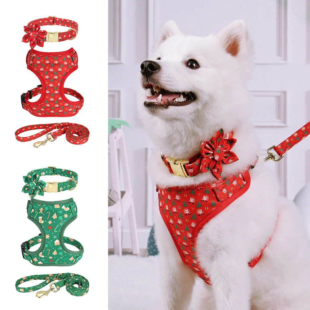 

3pcs/set Dog Harness Collar Leash Set Christmas Gift Set for Dogs Cute Flower Accessory Dogs Christmas Collar for Chihuahua Pug