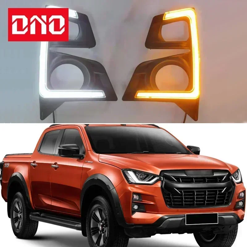 Car LED DRL 12V Daylights For Isuzu D-Max DMAX Pickup 2020 Yellow Turn Signal Daytime Running Headlamps Auto Driving Lamp