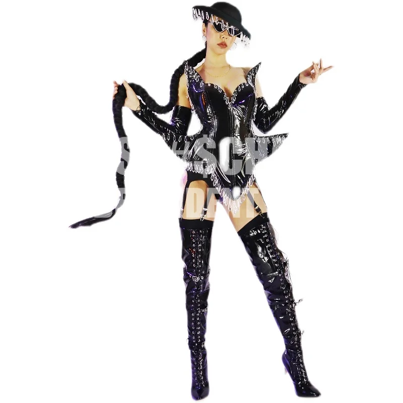 Nightclub bar GOGO female sexy black pendant corset leather net hat DS tour costume