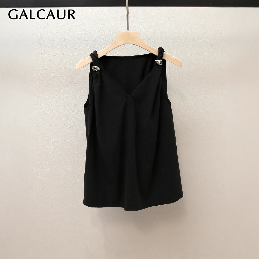 

GALCAUR Black Spliced Button Casual Shirt Female V Neck Sleeveless Loose French Style Women's Shirts Fashion Autumn New Clothing