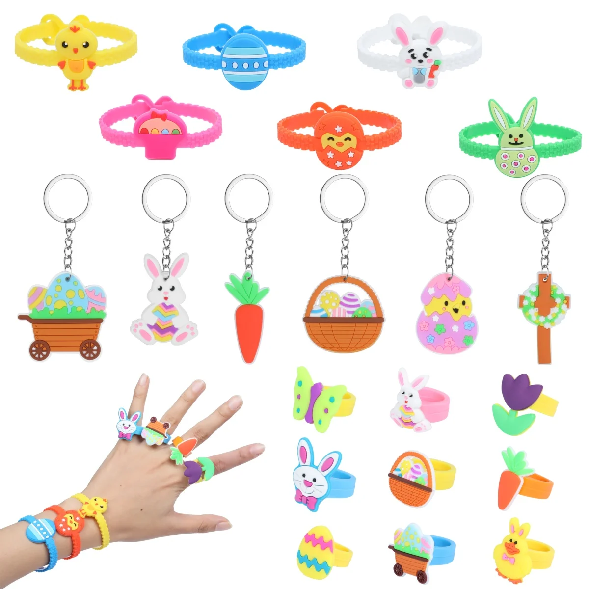 Easter Cartoon Bracelets Ring Keychain Bunny Eggs Soft Rubber Wristband Cute Chick Happy Easter Party Gifts For Guests Kid Favor