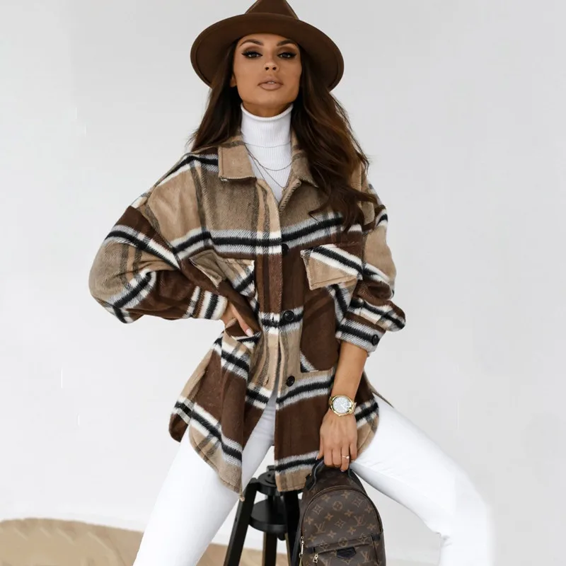  New Autumn Winter Fashion Neutral Style Outwear Streetwear Vintage Plaid Jacket Women Loose Long Sleeve Warm Oversized Coat