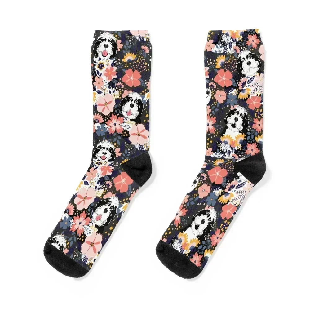 

Black and White Sheepadoodle Garden - Dark Gray Background Socks Rugby funny sock Heating sock New year's Socks For Men Women's