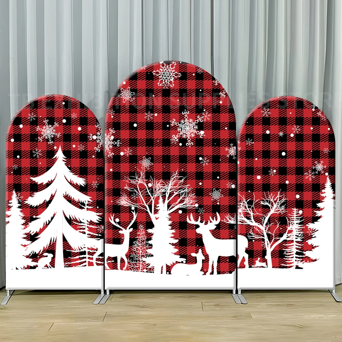 

Christmas Arch Backdrop Cover Party Decorations Xmas Tree Snow Background New Year pattern at Buffalo Plaid Elastic Fabric