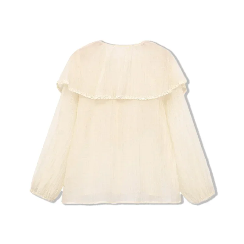 2026 Women New Arrival Boho Blouse V Neck Lace Trim Ruffle Collar Drawstring Long Sleeve Beige Casual Beach Shirt