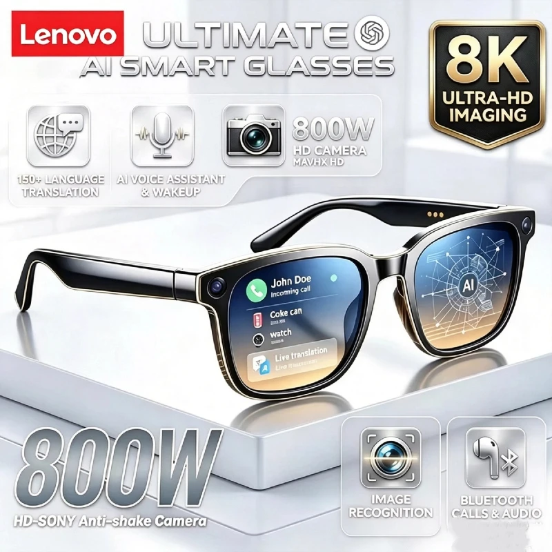 Lenovo AI Smart Glasses 8K HD Camera LED light Translation Dialogue Meeting Video Record Outdoor Sports Sunglasses 2026