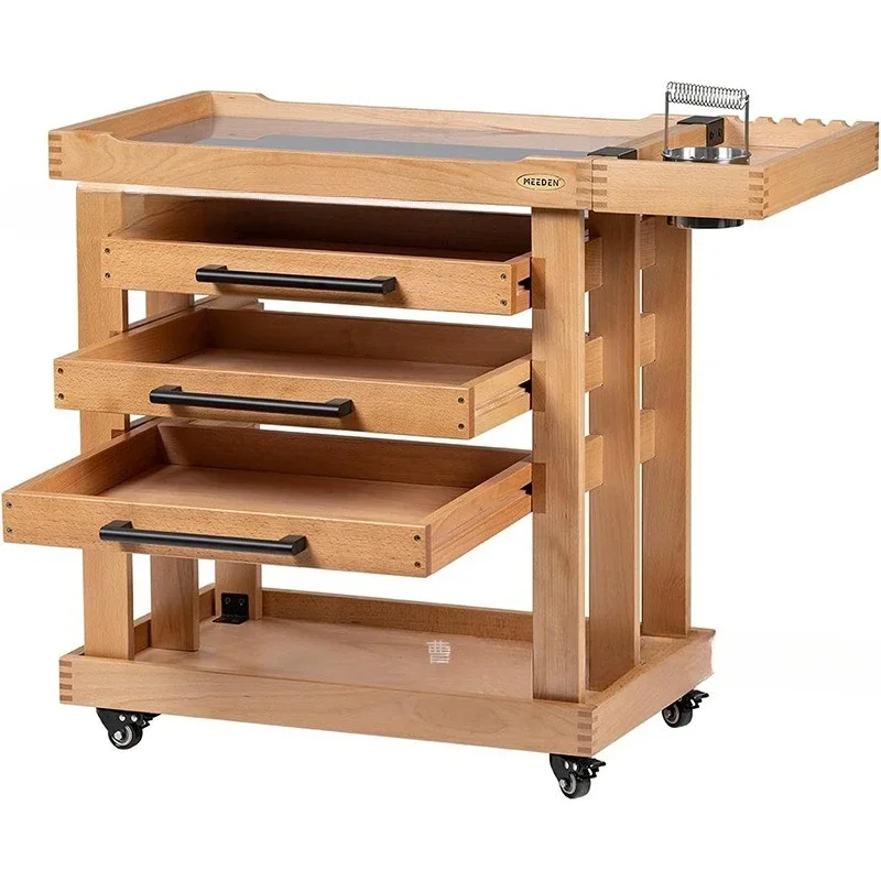 Wooden Art Supplies Storage Cart with Three Drawers Cart Mobile Craft Storage Oil Painting Tools Storage Rack