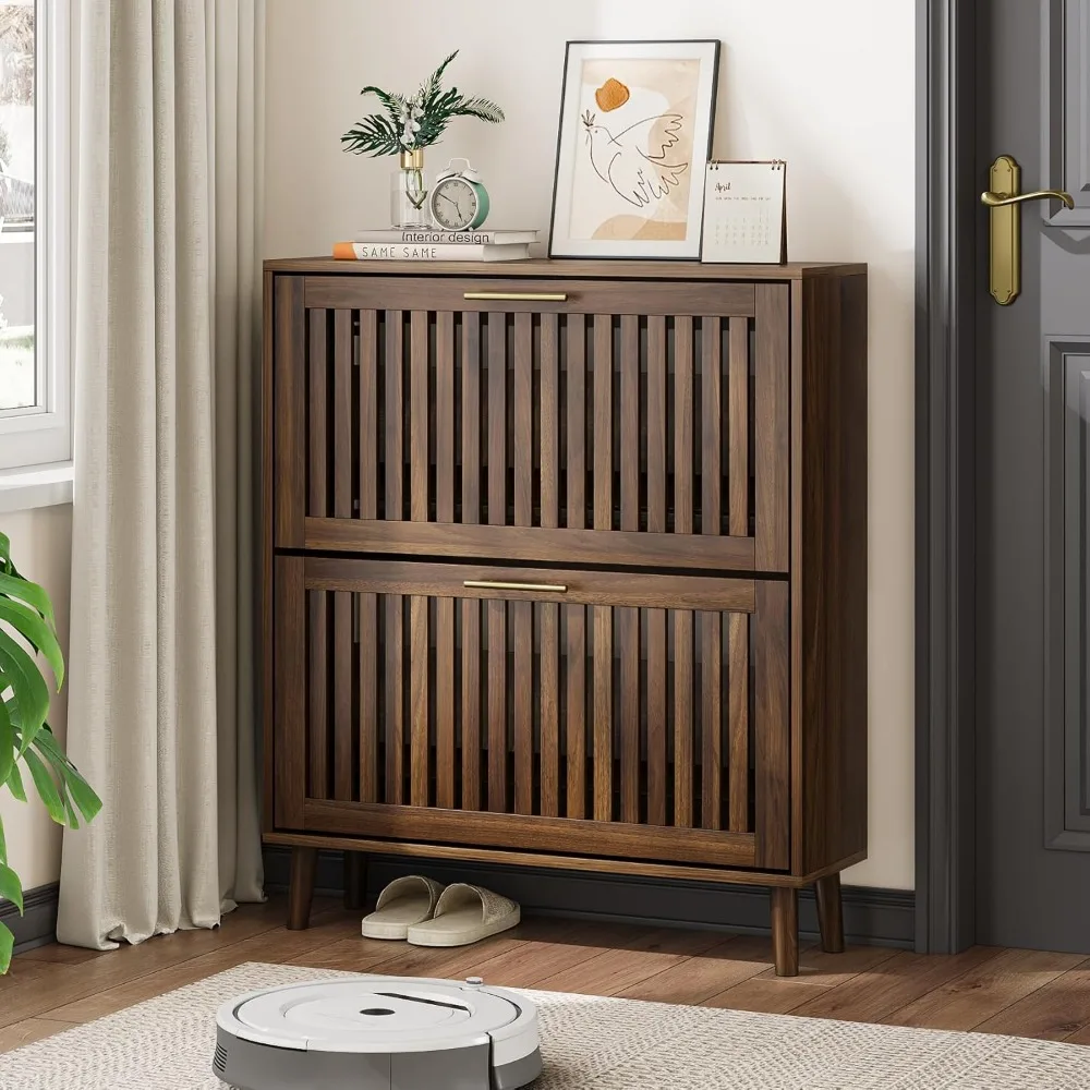 

Shoe Cabinet, Storage Cabinet with Louvered 2 Flip Drawers, Narrow Shoe Cabinet Storage for Entryway, Freestanding Shoe Org
