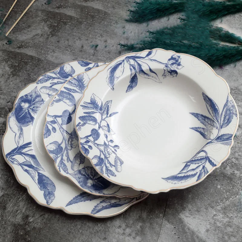 American Retro Dinner Set Plates and Dishes Golden Stroke Blue and White Painted Irregular Dinnertableware Cake Dessert Plate