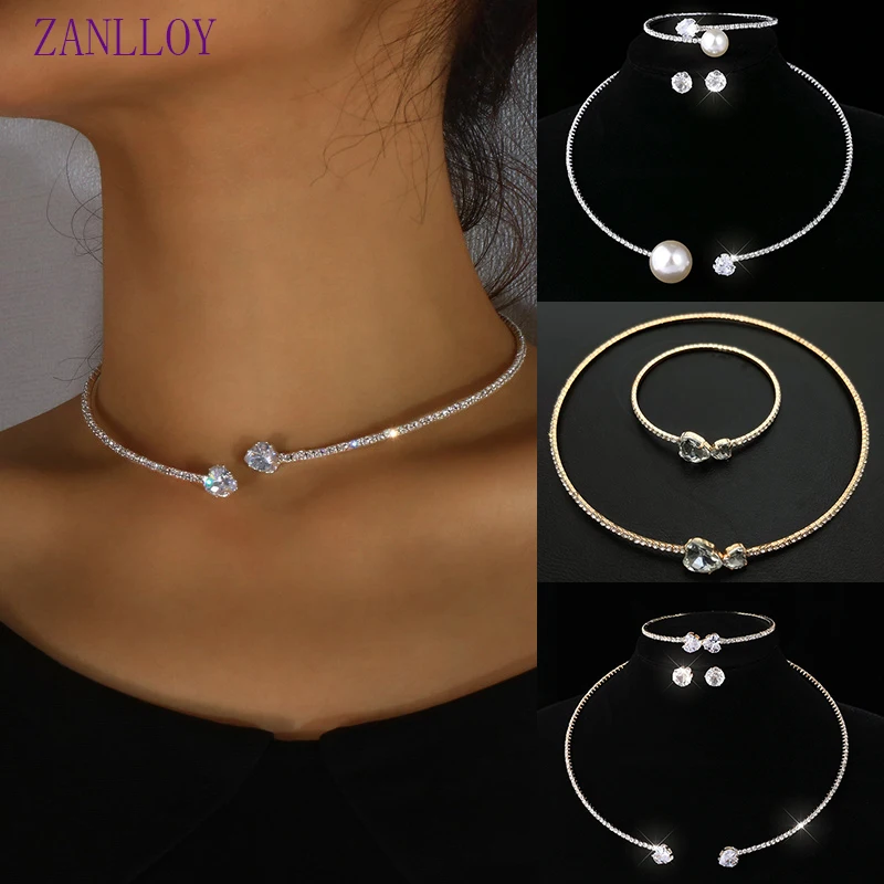 ZANLLOY Shiny Pearl Rhinestone Necklace Earrings Ladies Party Party Bridal Wedding Dress Jewelry Set