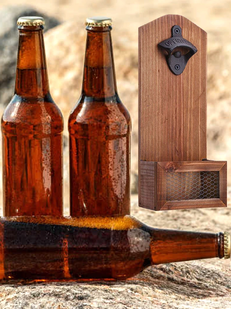 Apribottiglie da 1 pezzo, apribottiglie da parete in legno vintage con raccoglitore di tappi per bottiglie di birra, strumento per la cucina domestica