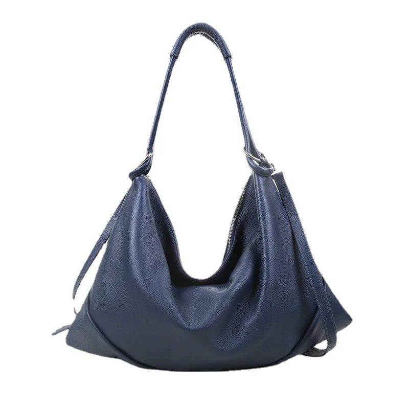 Leisure Shoulder Bags Large Size for Women with Soft Genuine Leather Hobo Solid Color Minimalist Design Ladies Big Handbag Purse