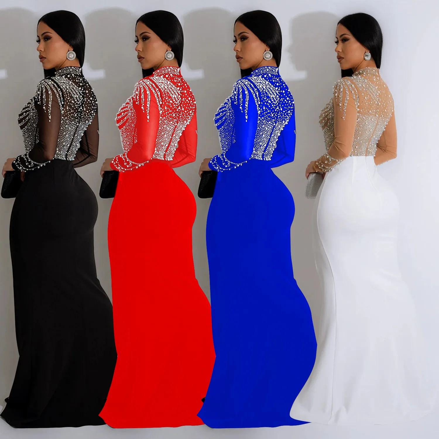 Wedding Guest Dress Prom Elegant Party Dresses Black Rhinestone Embellished Slit Maxi Dress Sheer Mesh Bodice Side Slit Skirt