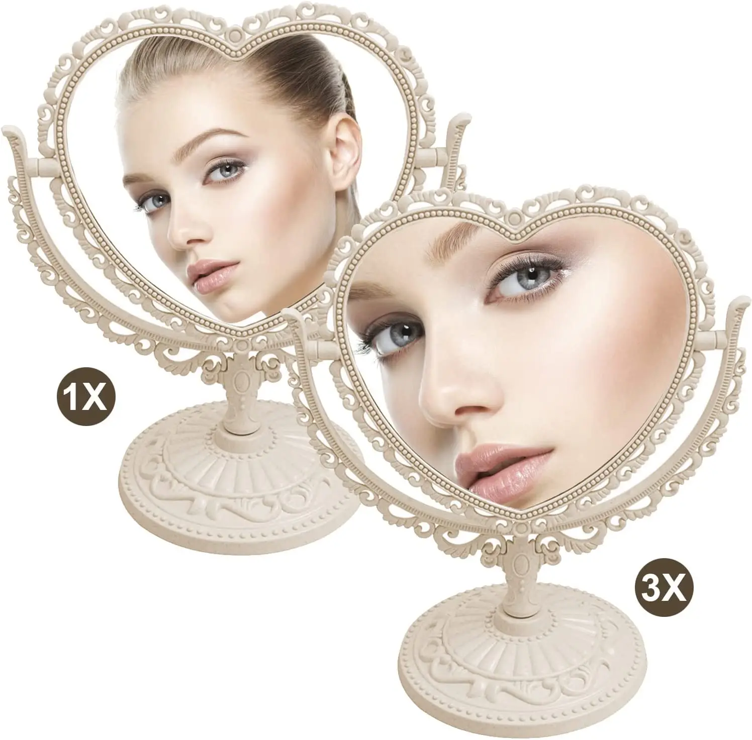 Simple and Lovely Heart-Shaped Cosmetic Mirror Plastic Double-Sided Rotatable Dresser Mirror   Bathroom Bedroom Mirror