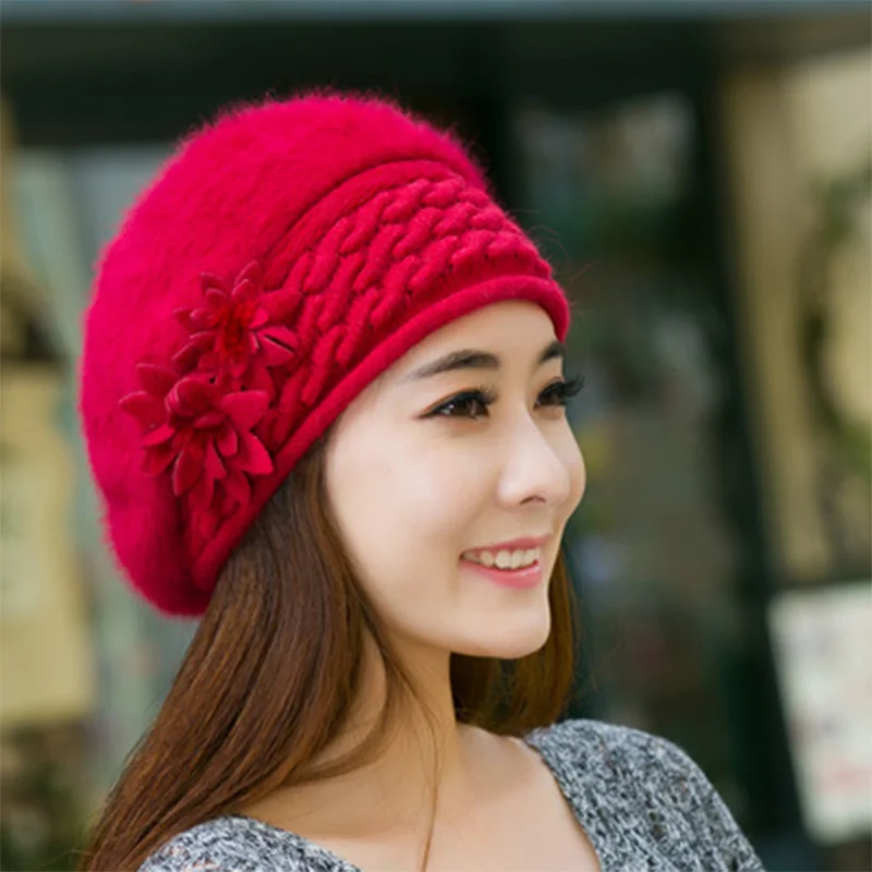 Women\'s Winter Hats rabbit knitting wool skullies female warn hat cap wholesale Fur Beanies Hats Adults Casual Female Skullies