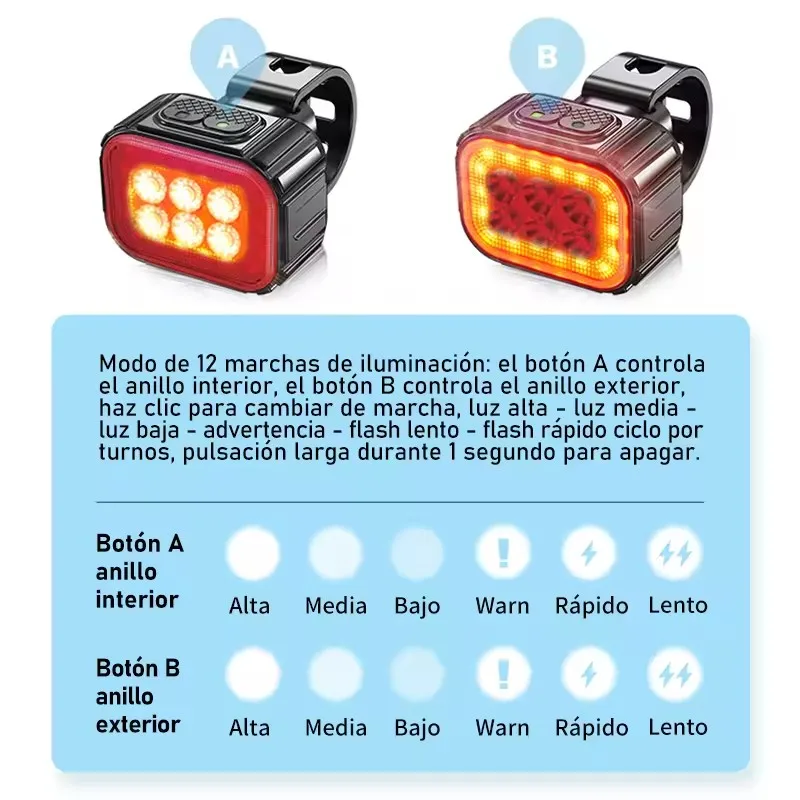 Luz trasera de bicicleta de 6 LED, luz delantera de bicicleta de 1100mAh, lámpara LED impermeable para bicicleta, recargable por USB, luces traseras para bicicleta de montaña de 12 modos