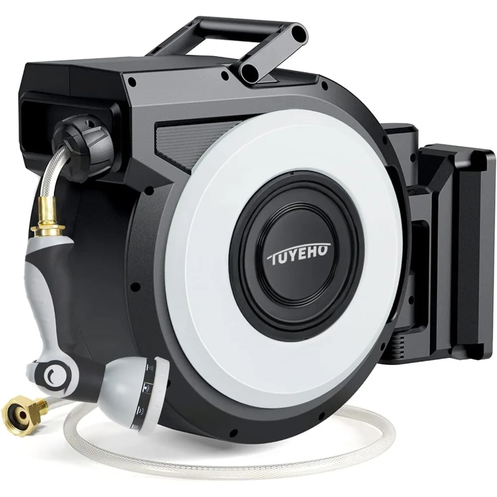 

Retractable Garden Hose Reel 100FT Wall Mount Heavy Duty Water Hose Reels with Automatic Slow Rewind