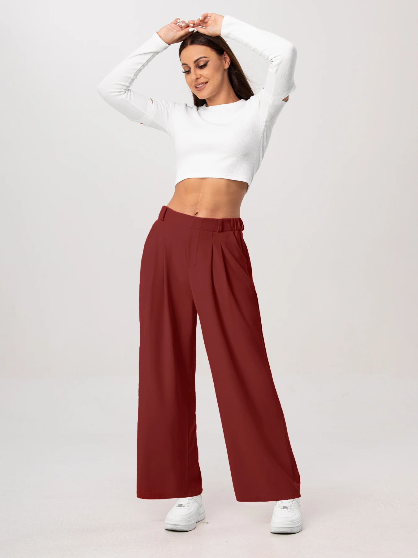 Damenhose, karierte, figurbetonte Hose mit weitem Bein und Taschen, hochtaillierte, lässige, figurbetonte Hose mit weitem Bein für Damen. – Detail 19