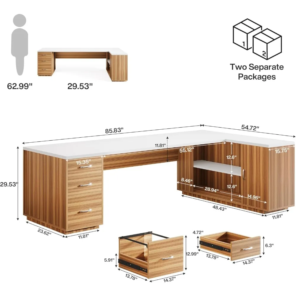Mesa executiva em forma de L de 85,8 polegadas com gavetas, armário de porta e prateleiras, mesa de escritório comercial extra grande,