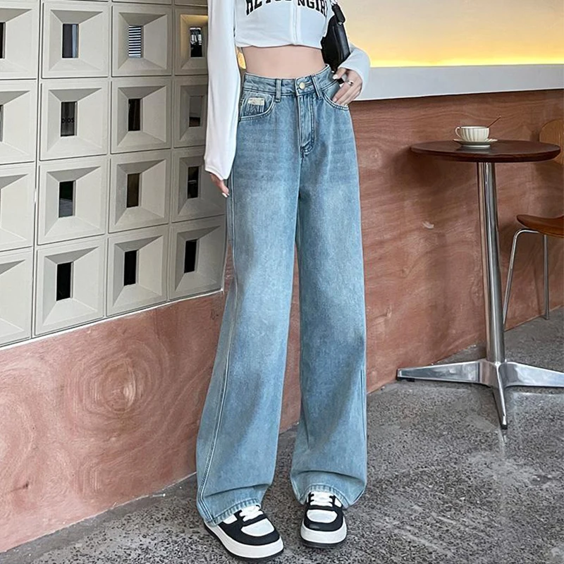 Blue Wide Leg Jeans for Women 2024 New Spring/summer New Short Loose High Waist Straight Leg Pants Washed Denim Pants