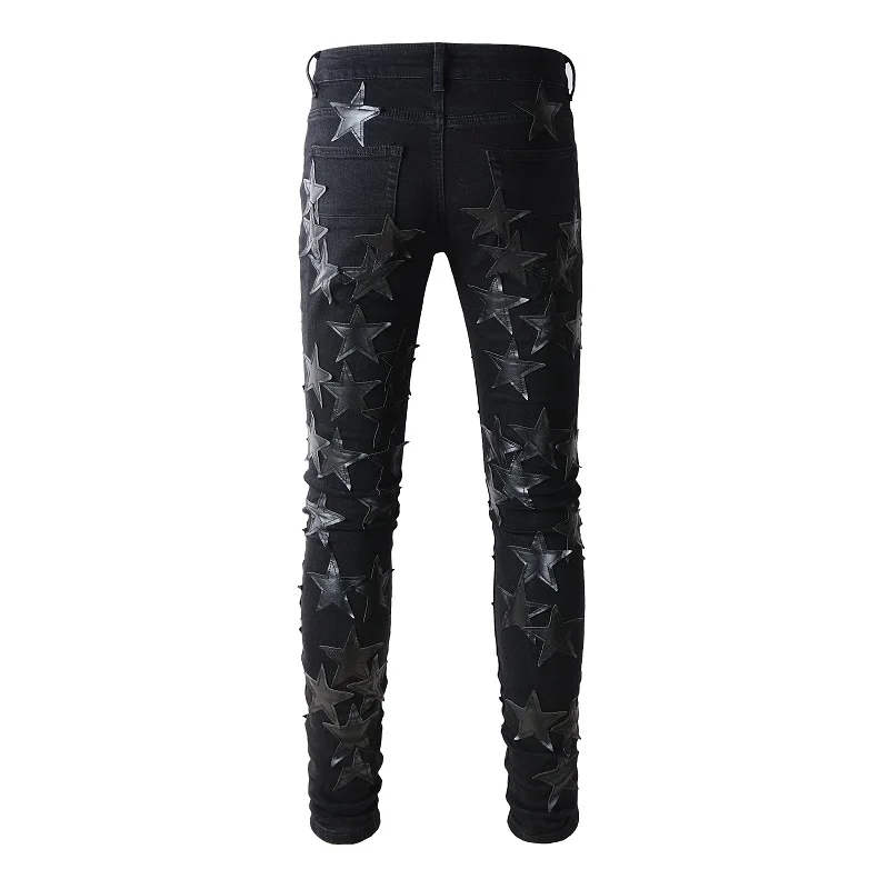 Great Distressed Men's Black High Quality Skinny Stretch Holes Stars Patchwork Ripped Jeans