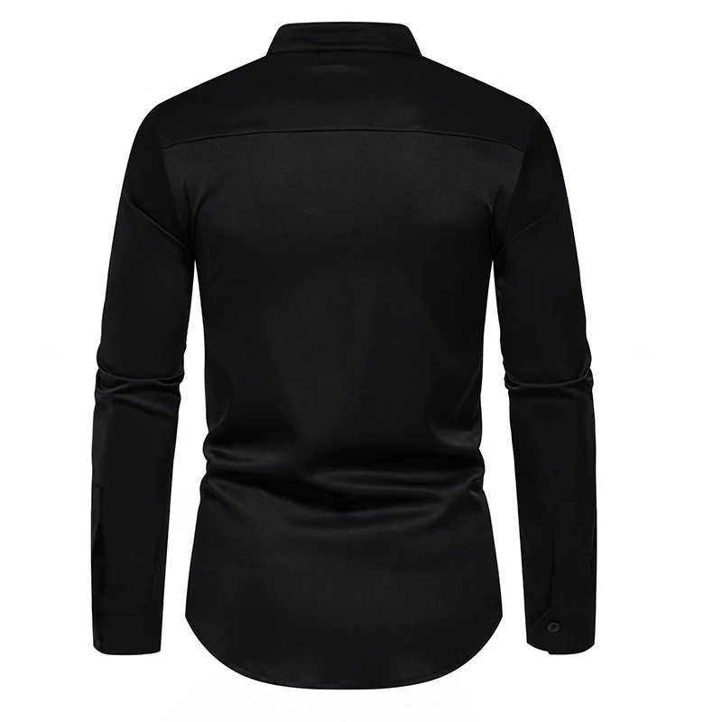 Men's Diagonal Placket Long Sleeved Slim Fit Shirt with Multi Button Decoration Men's Standing Collar Top