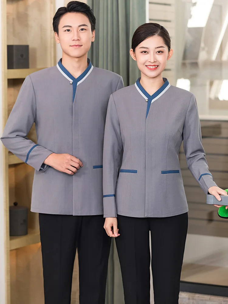 Uniforme de trabajo con cuello triangular en bloques de color, de manga larga, para mujeres en hoteles, casas de huéspedes, administración de propiedades y departamentos de ventas.
