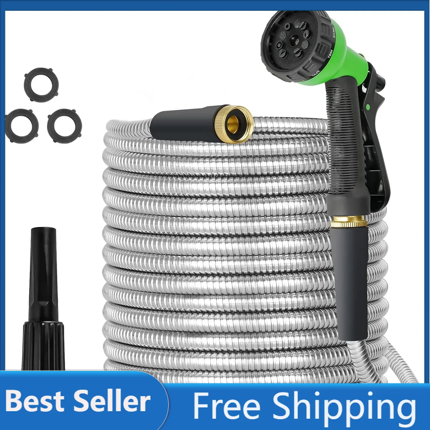 Metal Garden Hose 100ft Stainless Steel Water Hose Super Tough Flexible Water Pipe with 3/4 inch Brass Fittings & Sprayer Nozzle