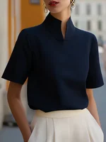 Stand Collar Short Sleeve Blouse Elegant Office Wear Casual Workwear Tops for Women - Image 3